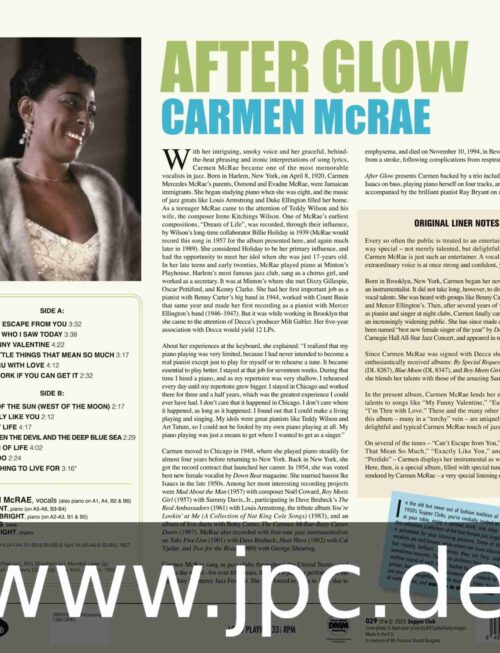 CARMEN MCRAE - After Glow (+1 Bonus Track) (Limited Edition) Vinyl Record