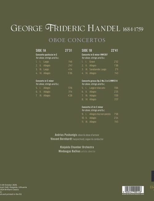 ANDRIUS PUSKUNIGIS / VINCENT BERNHARDT / KLAIPEDA CHAMBER ORCHESTRA - Handel: Oboe Concertos Vinyl Record